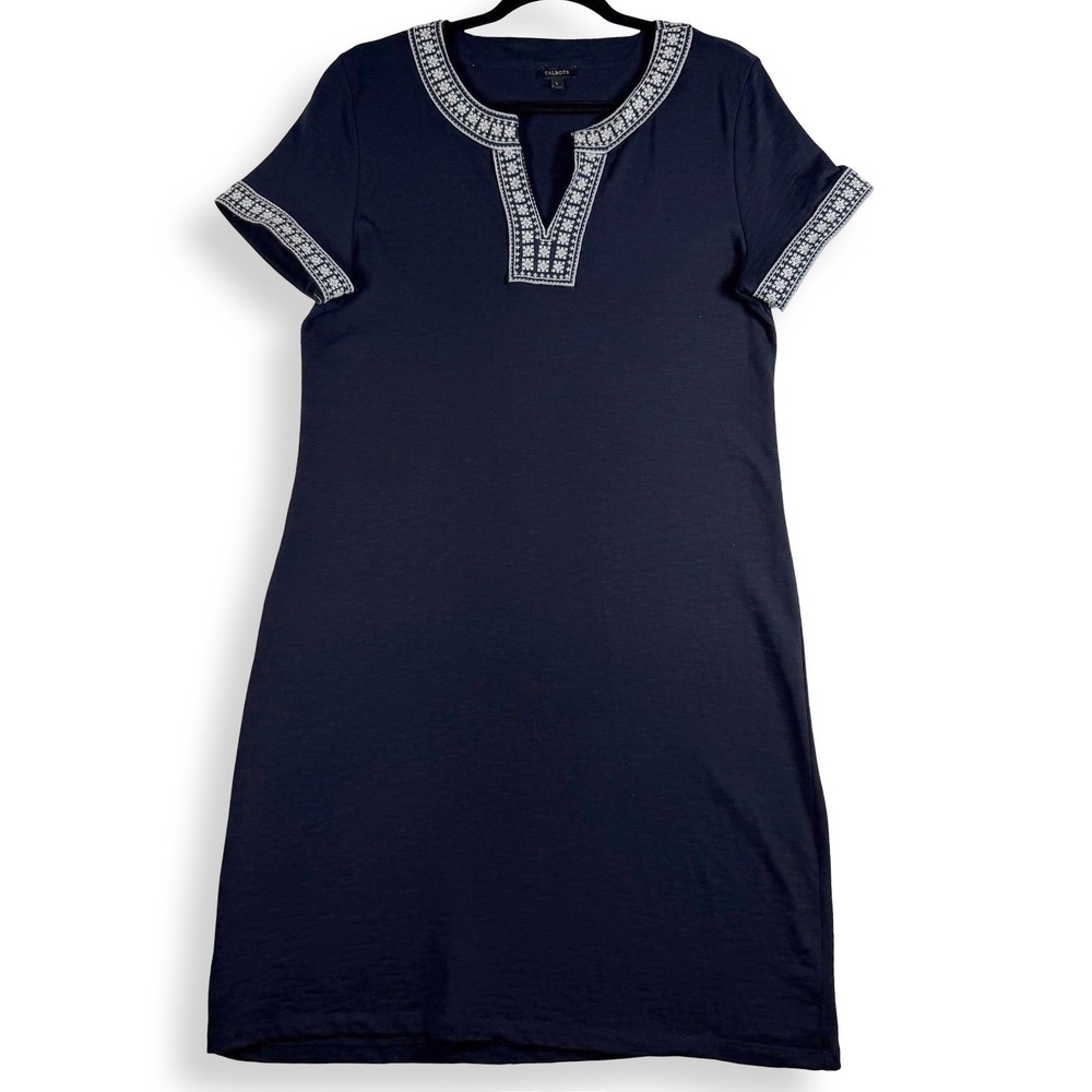 Talbots Nantucket Slub Navy Embroidered Cotton Split Neck Shift Dress Womens L